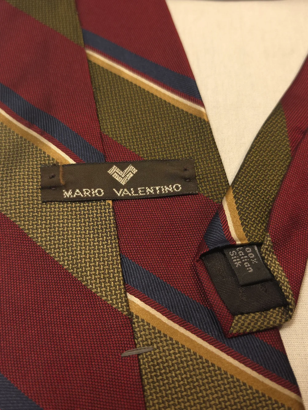 Mario Valentino Red and Olive Striped Silk Necktie with Navy and Gold Accents
